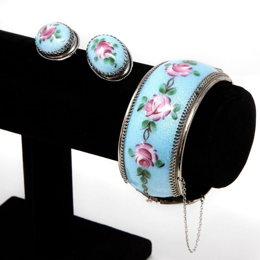 VTG Whiting & Davis Guilloche Enamel Bracelet Earrings Set Blue-Turquoise